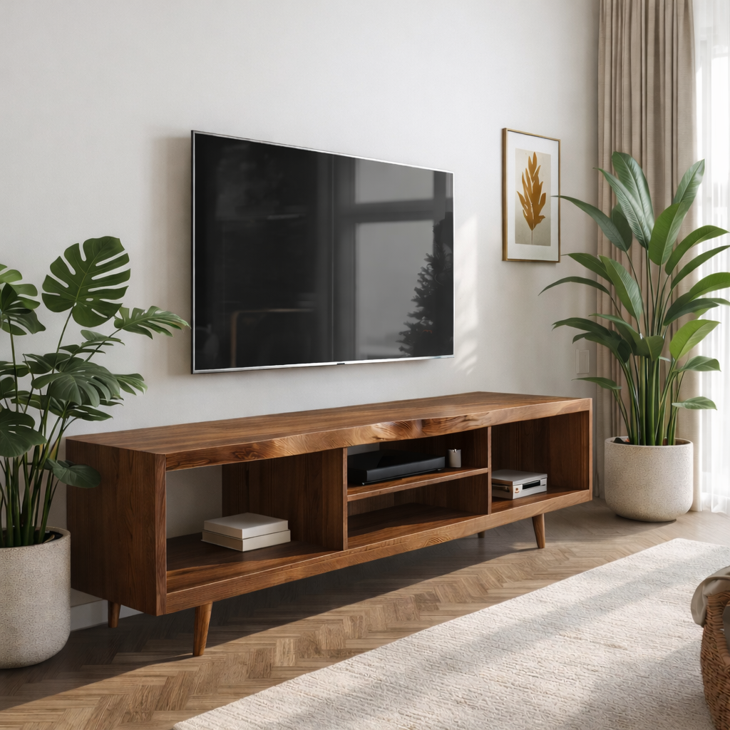 Walnut Mid Century Modern TV Stand Long Wood Media Console Minimalist Entertainment Center