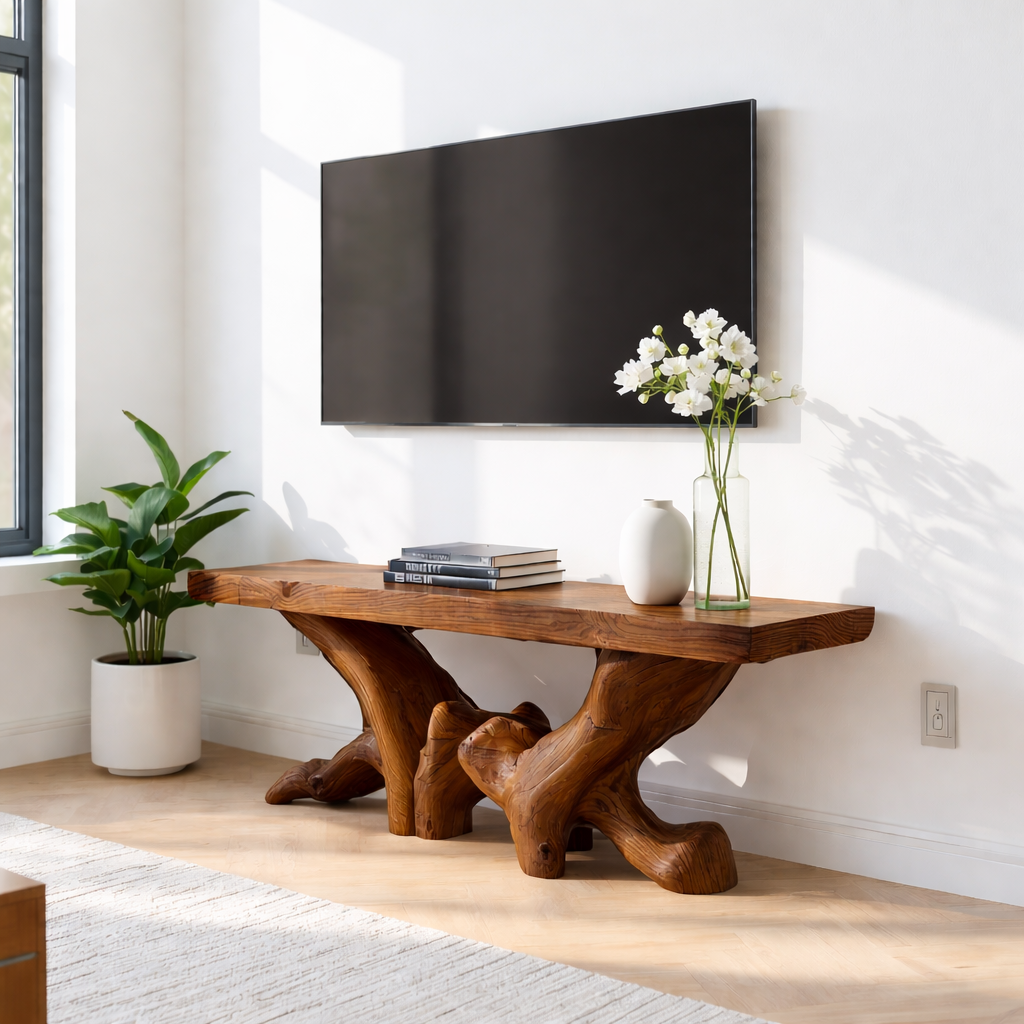Rustic Solid Wood TV Stand Sculptural Media Console Natural Wood Entertainment Table