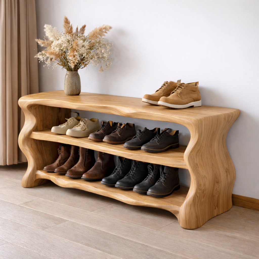 Solid Wood Entryway Bench with Shoe Storage – Rustic Live Edge Shoe Rack Bench
