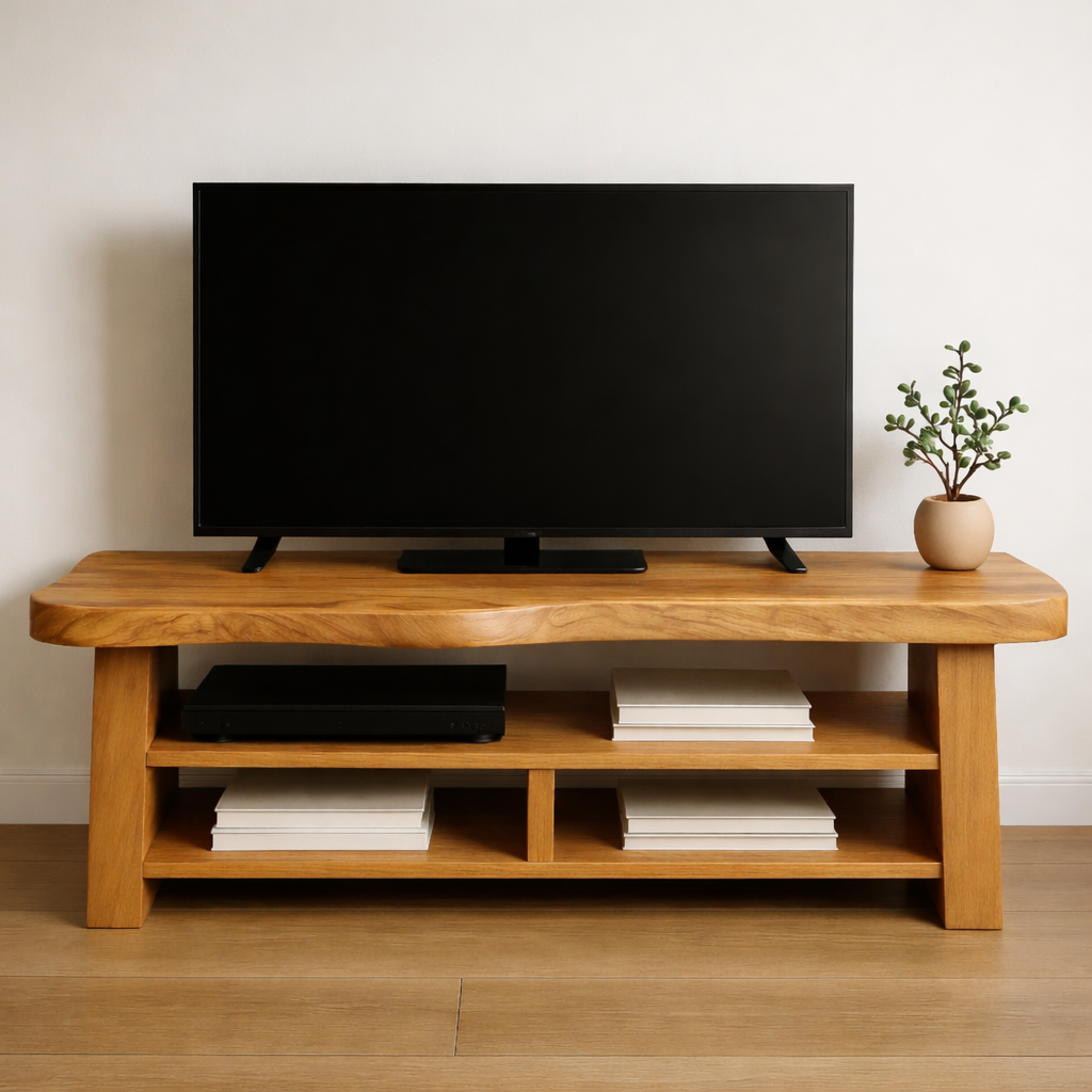 Solid Wood TV Stand with Open Shelves Rustic Live Edge Entertainment Center