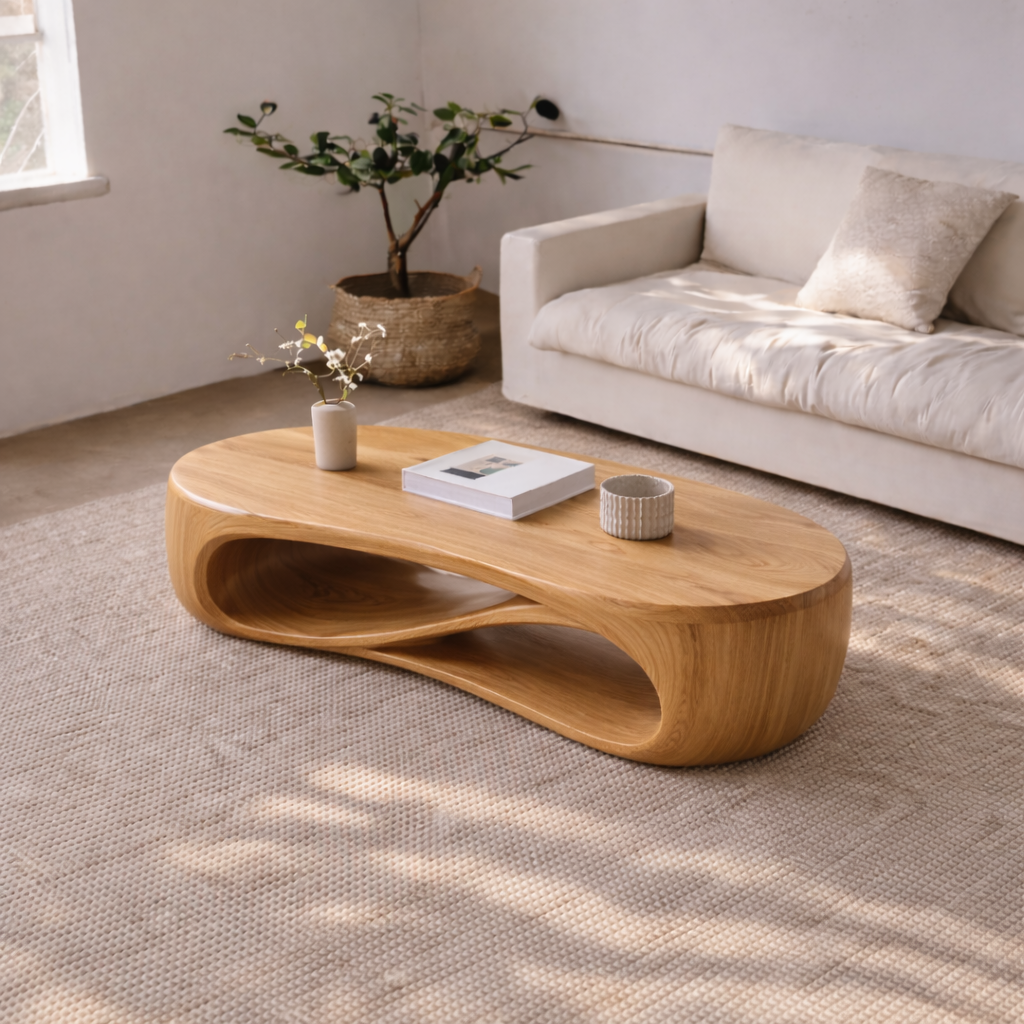 Solid Wood Sculptural Coffee Table with Curved Storage Shelf – Modern Living Room Table