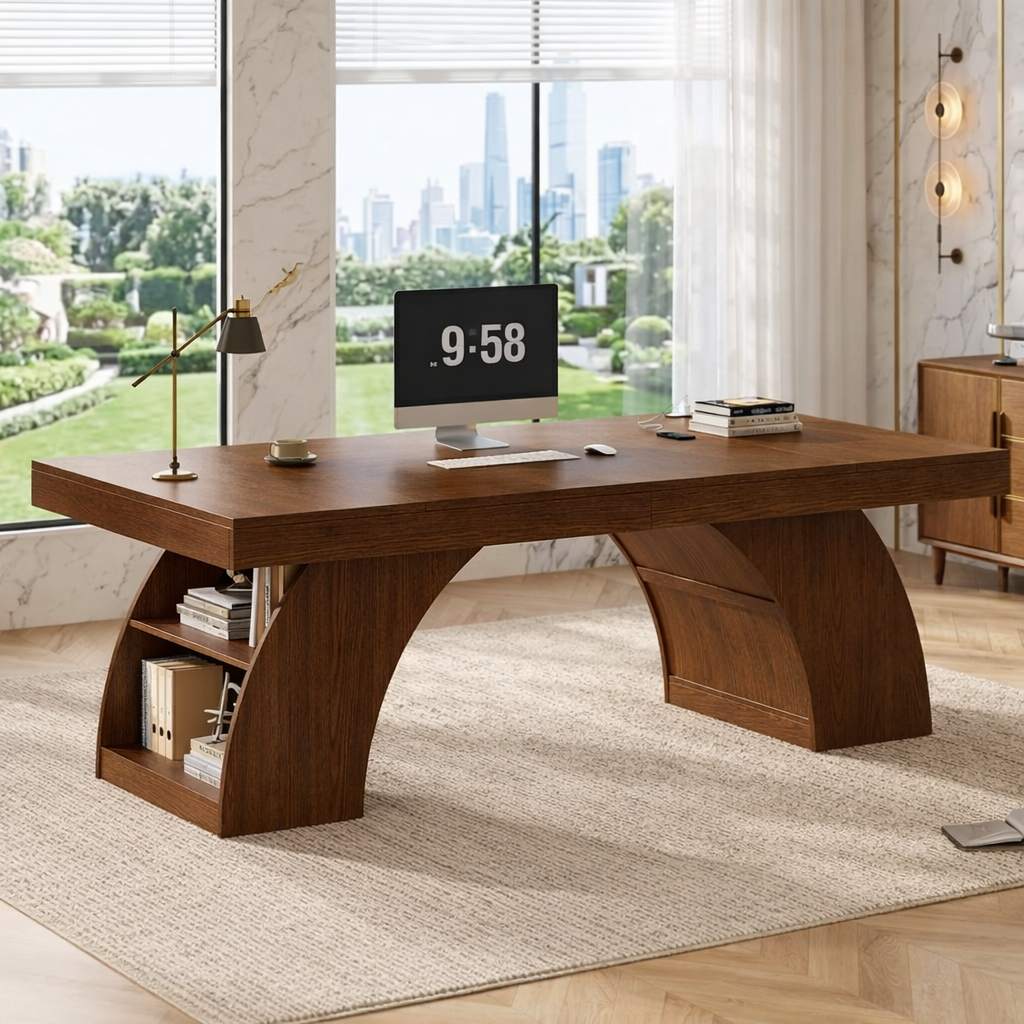 Modern Executive Desk with Sculptural Base, Storage Shelves, Designer Workspace Office Table