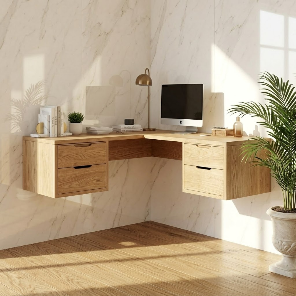 Floating Corner Desk with Drawers – Walnut Wall-Mounted Workspace