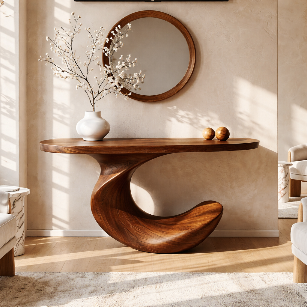 Solid Wood Console Table with Sculpted Curved Base, Modern Minimalist Design