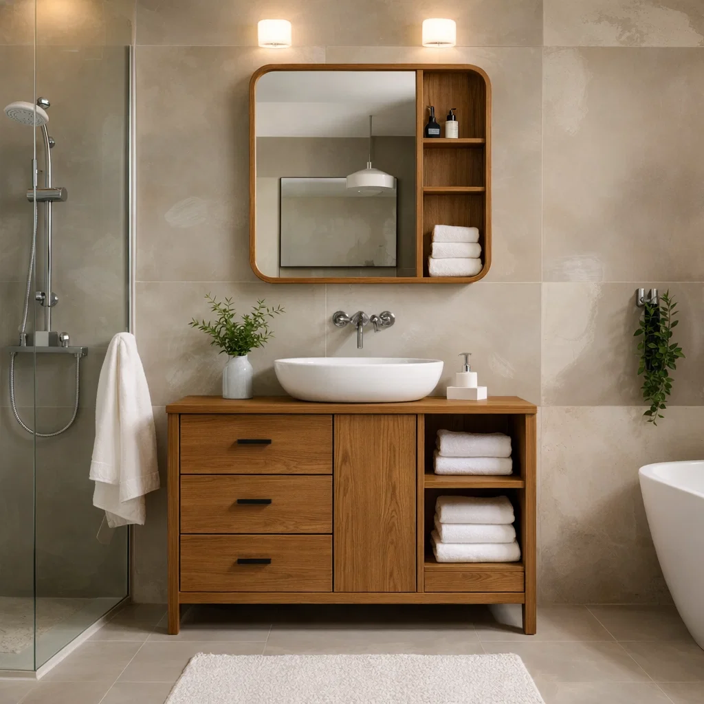 Solid Wood Bathroom Vanity Cabinet with Open Shelves & Drawers β Modern Design