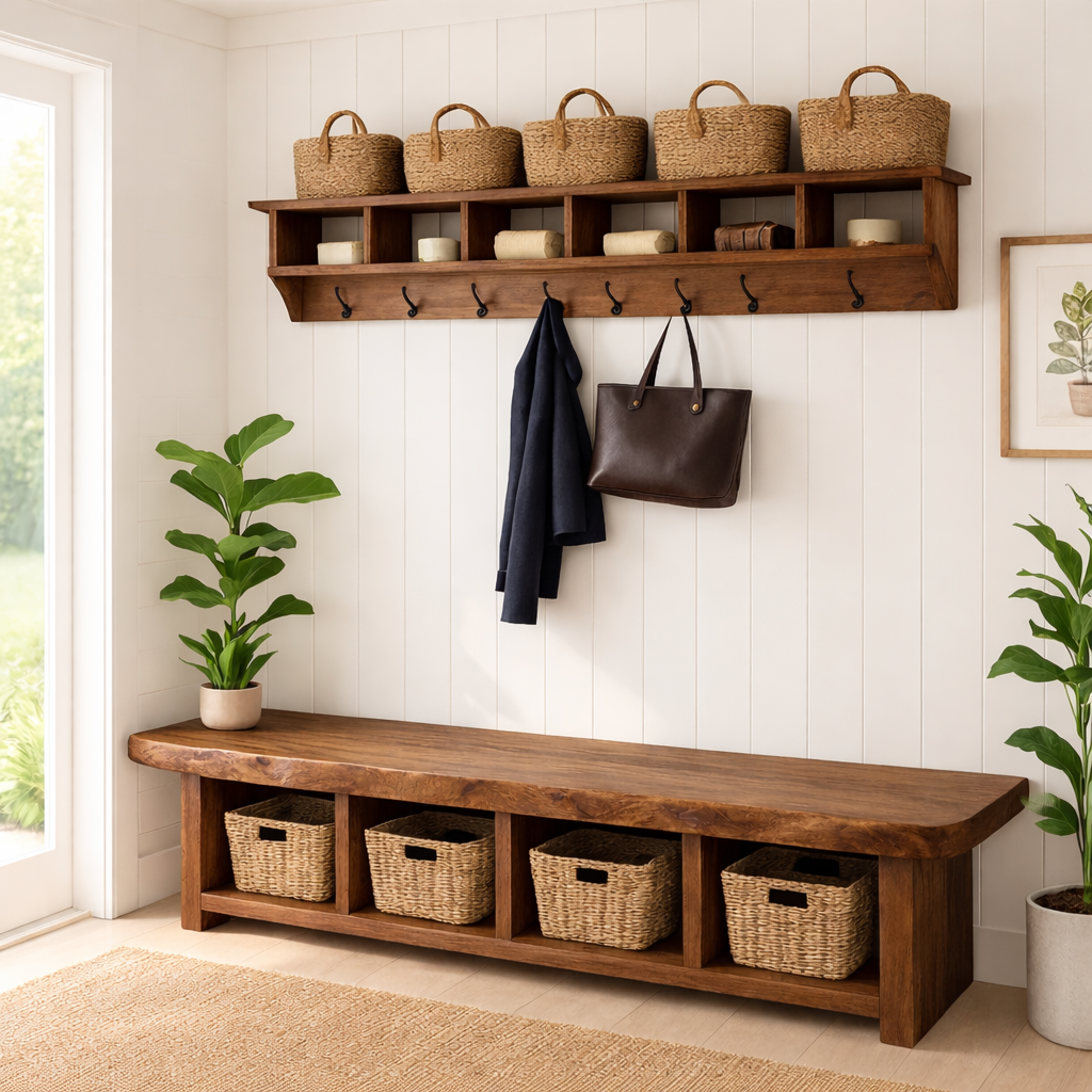 Solid Wood Entryway Bench with Storage Cubbies, Rustic Hallway Organizer Seat