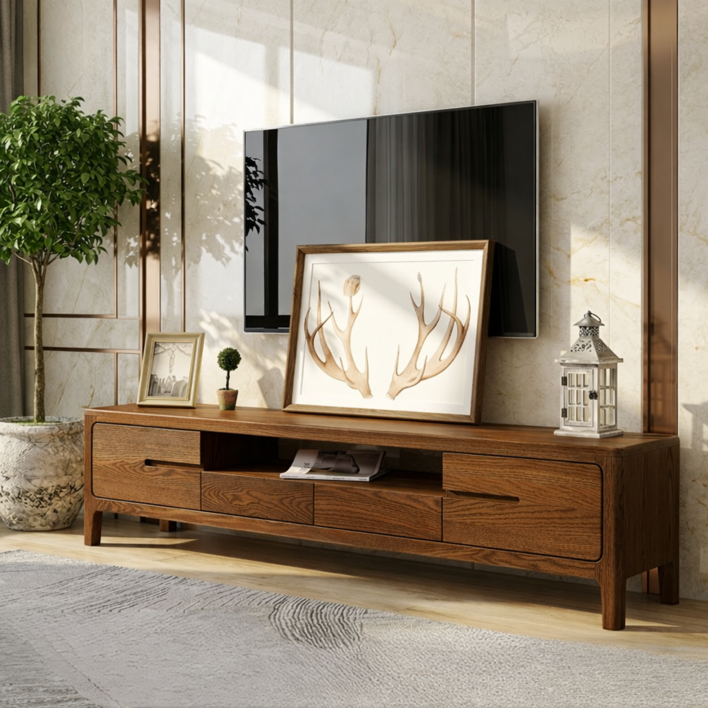 Solid Wood TV Stand with Drawers, Modern Low Profile Media Console Cabinet