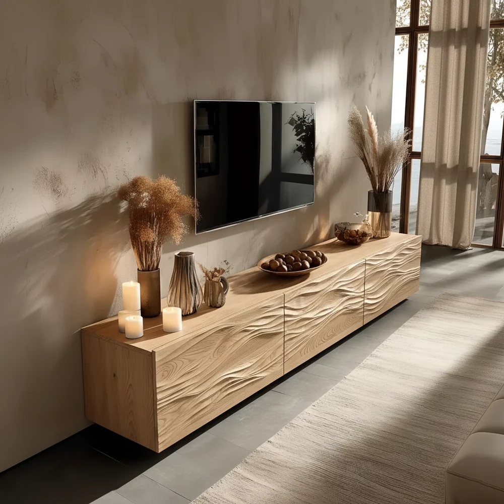 Solid Wood TV Stand Modern Oak Media Console with Wave Carved Doors and Storage