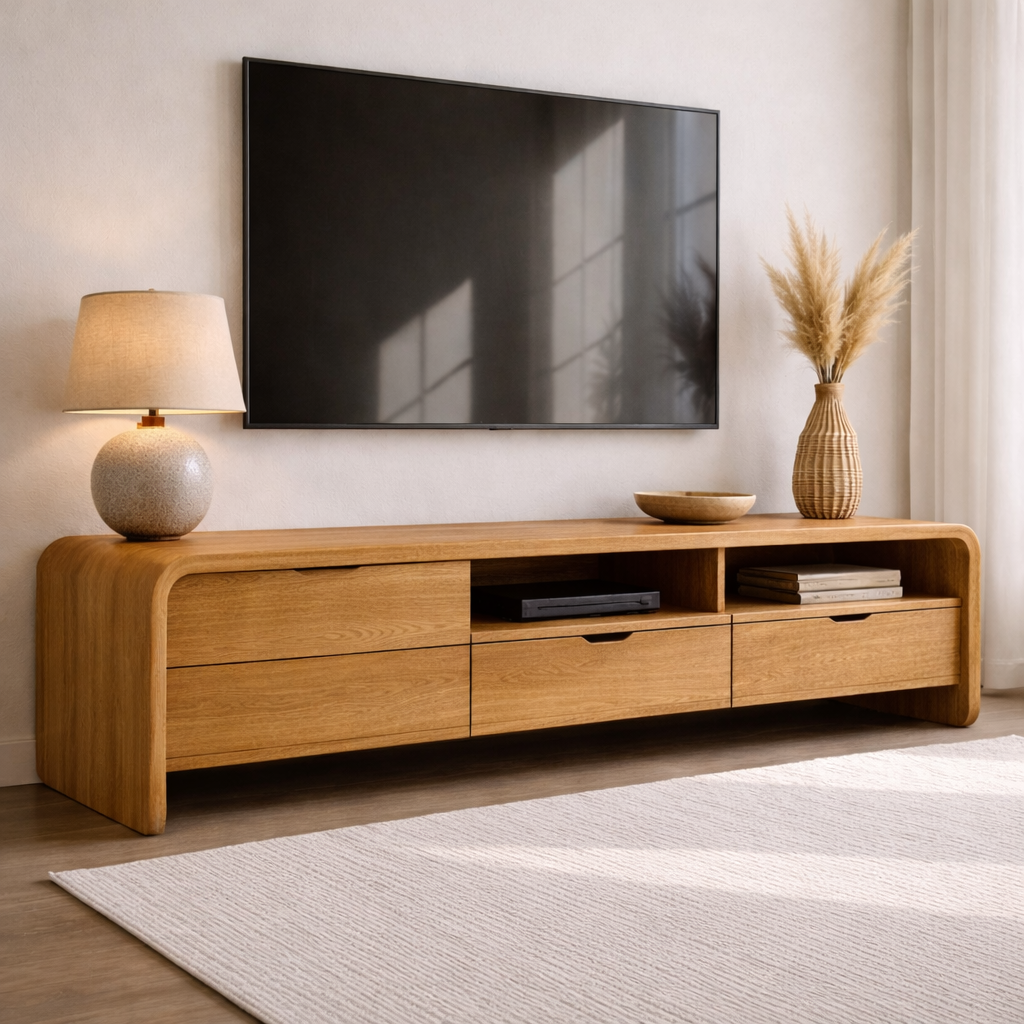Solid Wood TV Cabinet with Drawers and Open Shelf Storage