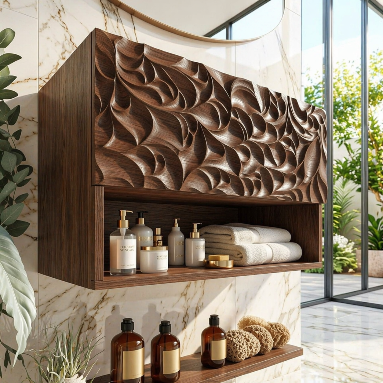 Solid Wood Floating Bathroom Cabinet, Modern Wall Mounted Carved Vanity Storage Shelf