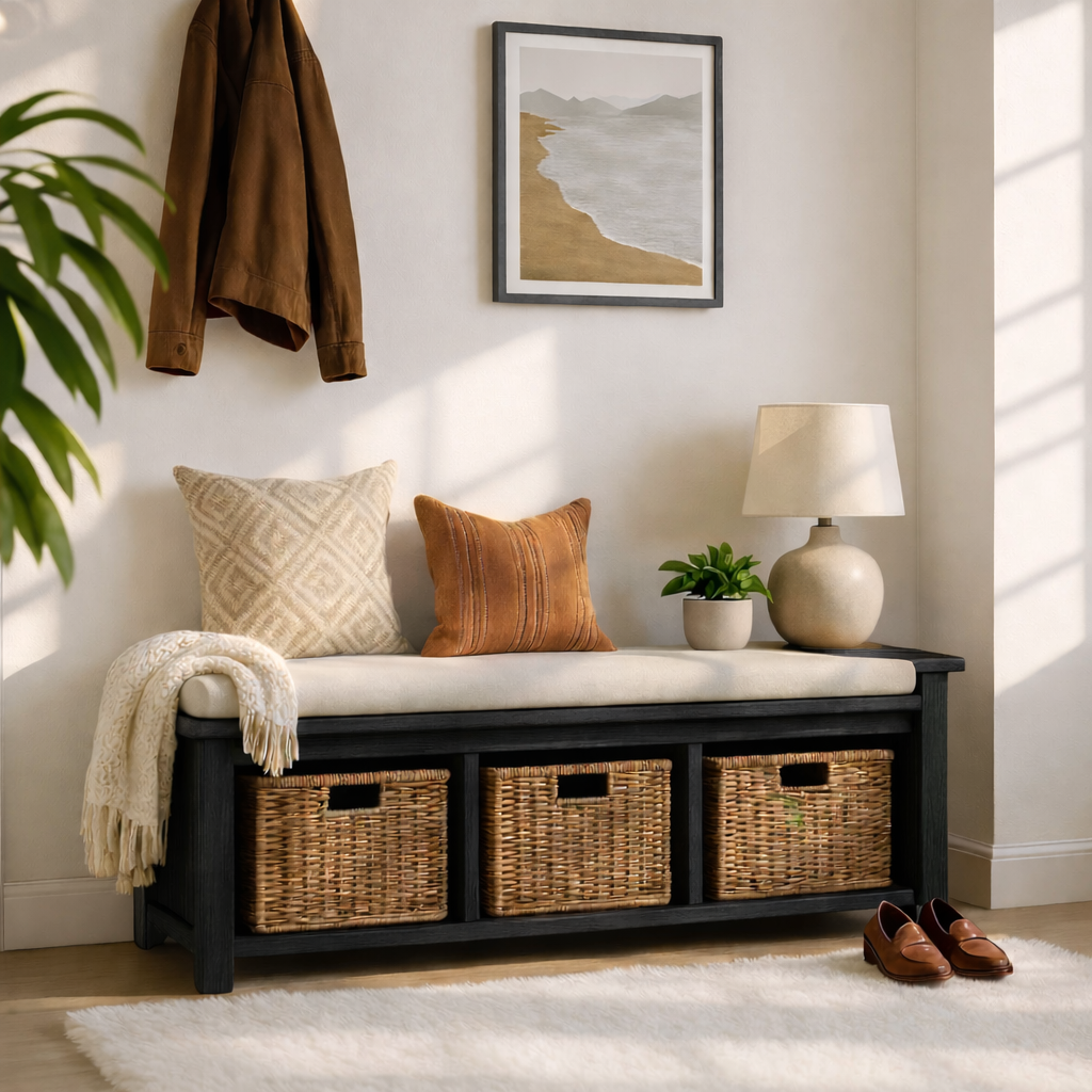 Solid Wood Entryway Bench with Woven Basket Storage, Rustic Hallway Organizer