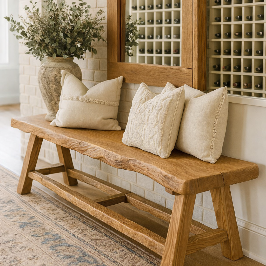 Live Edge Solid Wood Bench, Rustic Handmade Entryway and Dining Seat