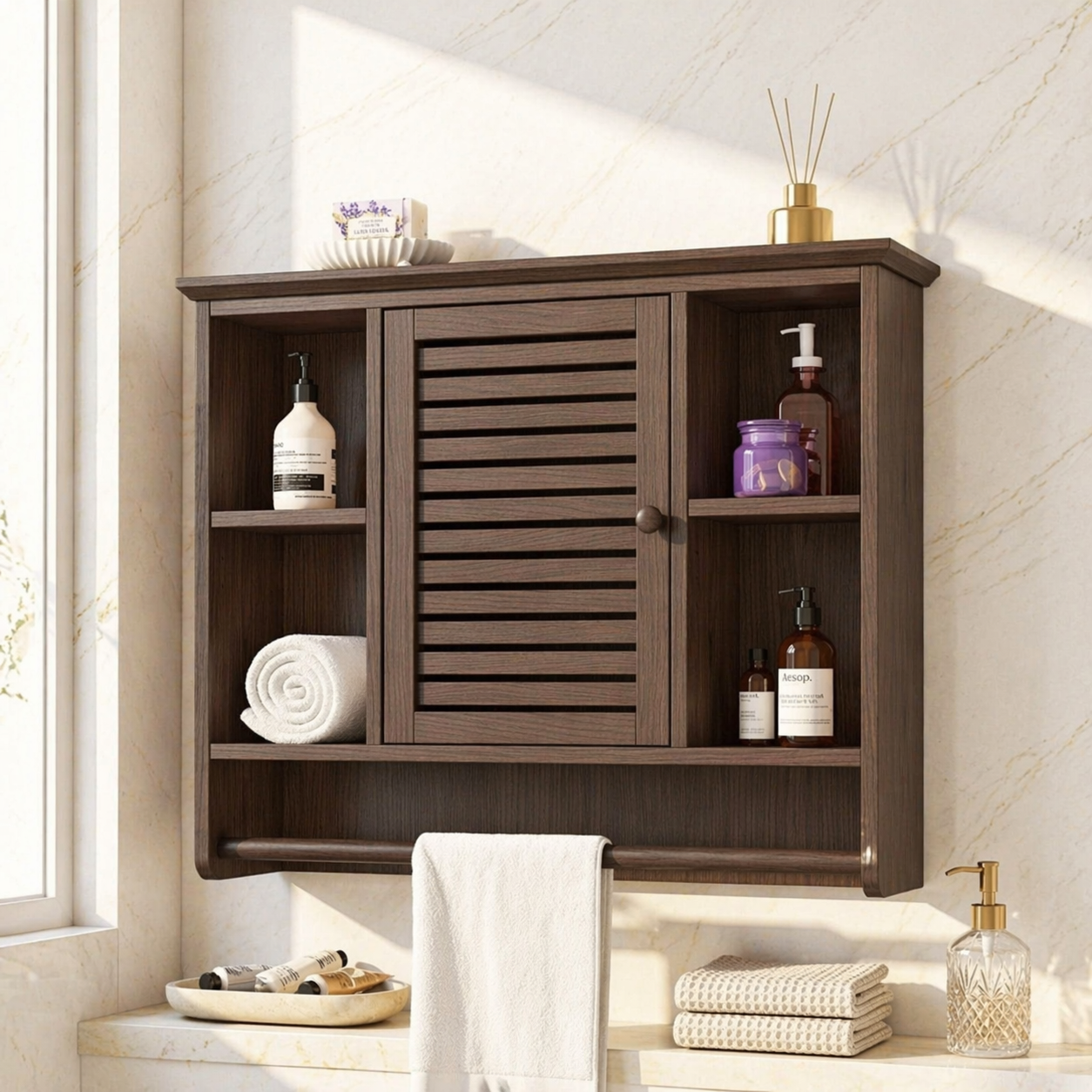 Floating Bathroom Cabinet, Wall-Mounted Vanity Storage With Slatted Door Towel Bar