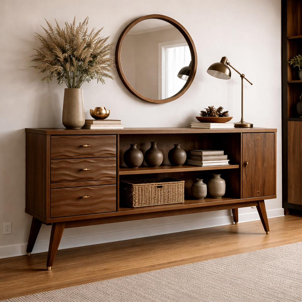Mid-Century Modern Walnut Console Cabinet | Storage with Elegant Wave Design