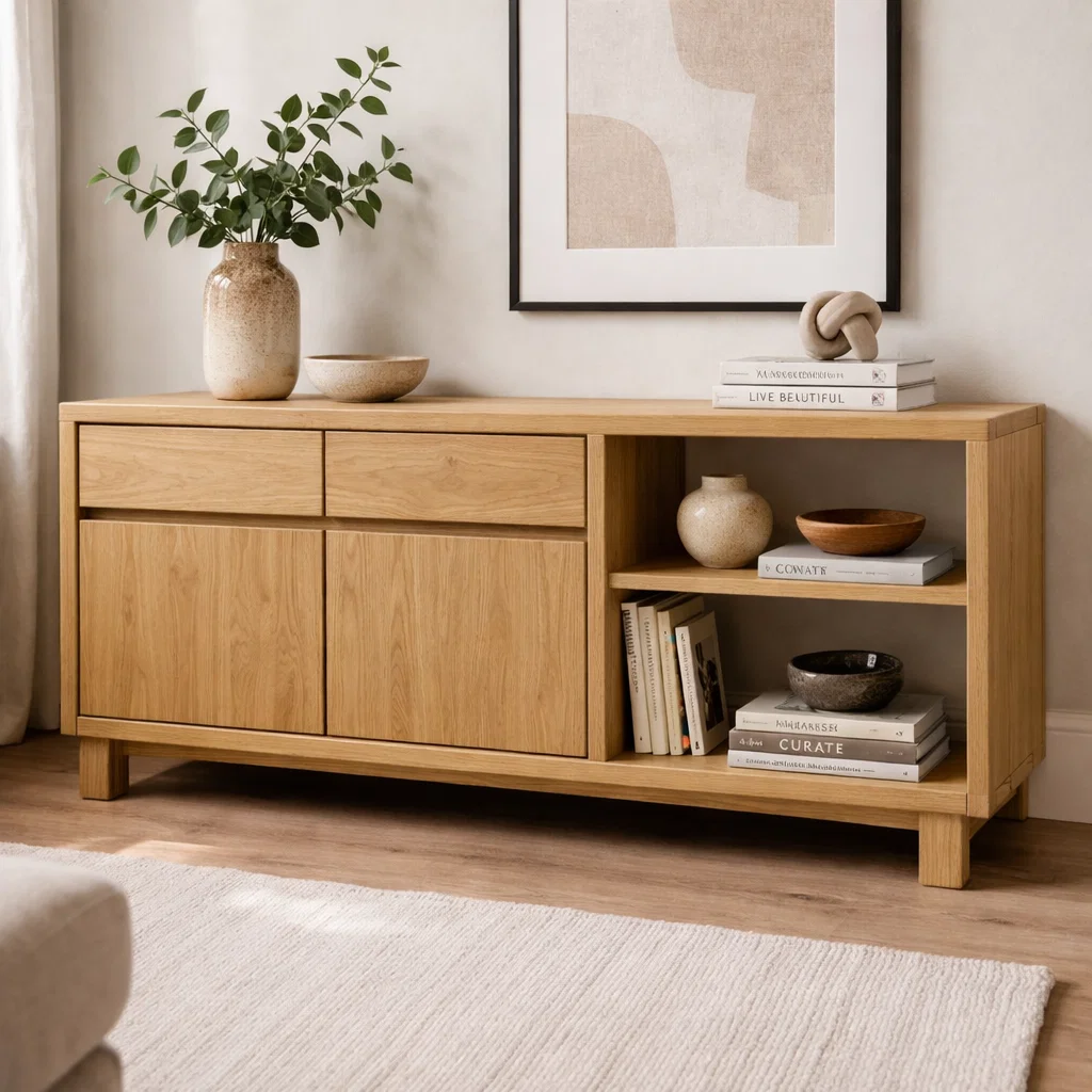 Solid Wood Console Cabinet with Drawers and Open Shelves