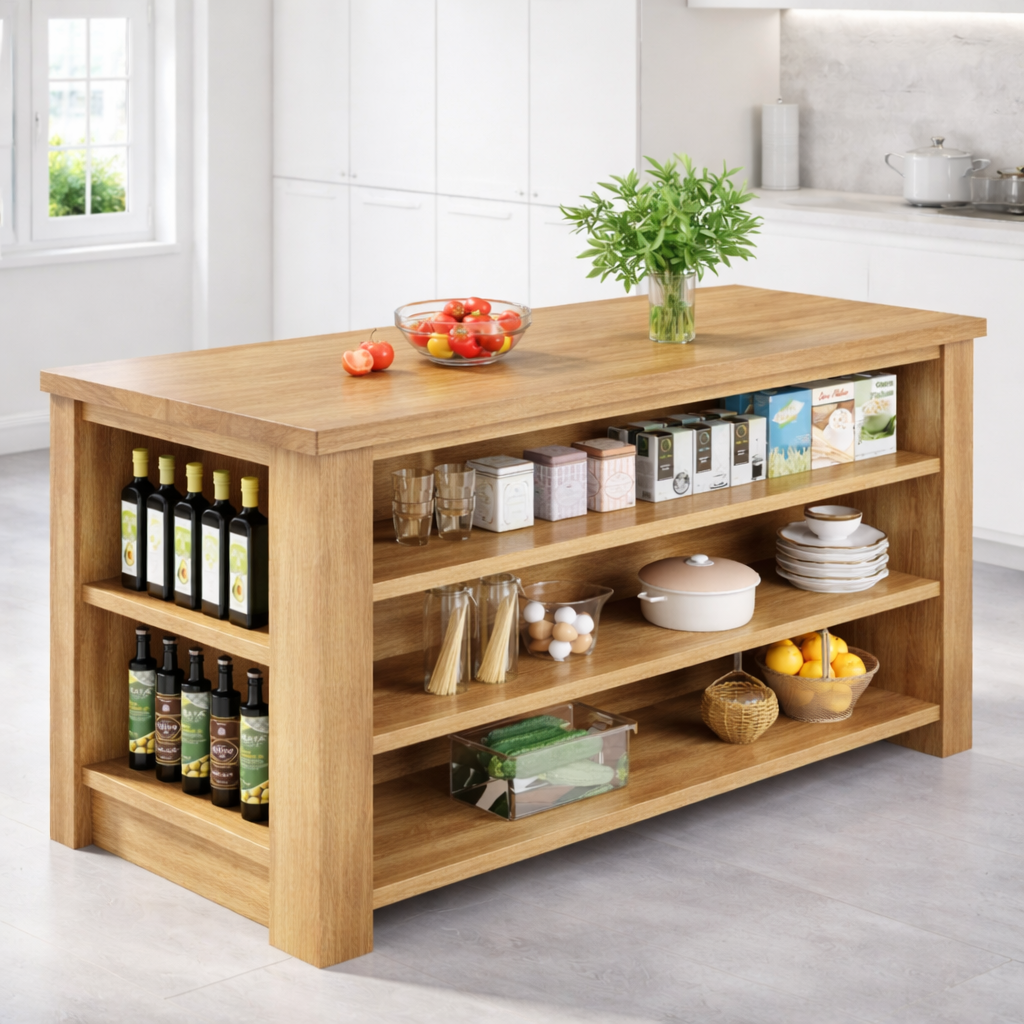 Large Kitchen Island with Open Storage Shelves, Modern Prep Table for Kitchen Dining Space