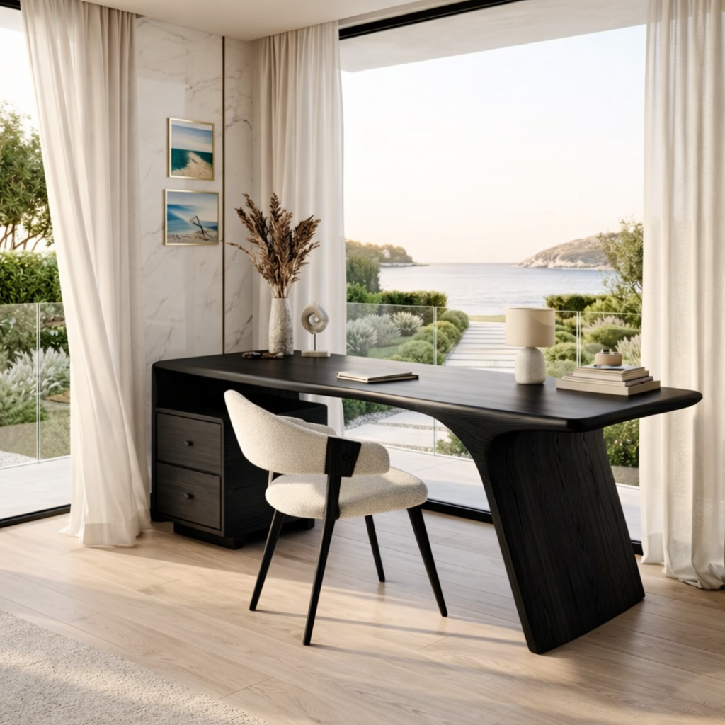 Modern Executive Writing Desk with Drawers and Shelf Home Office Work Table Design