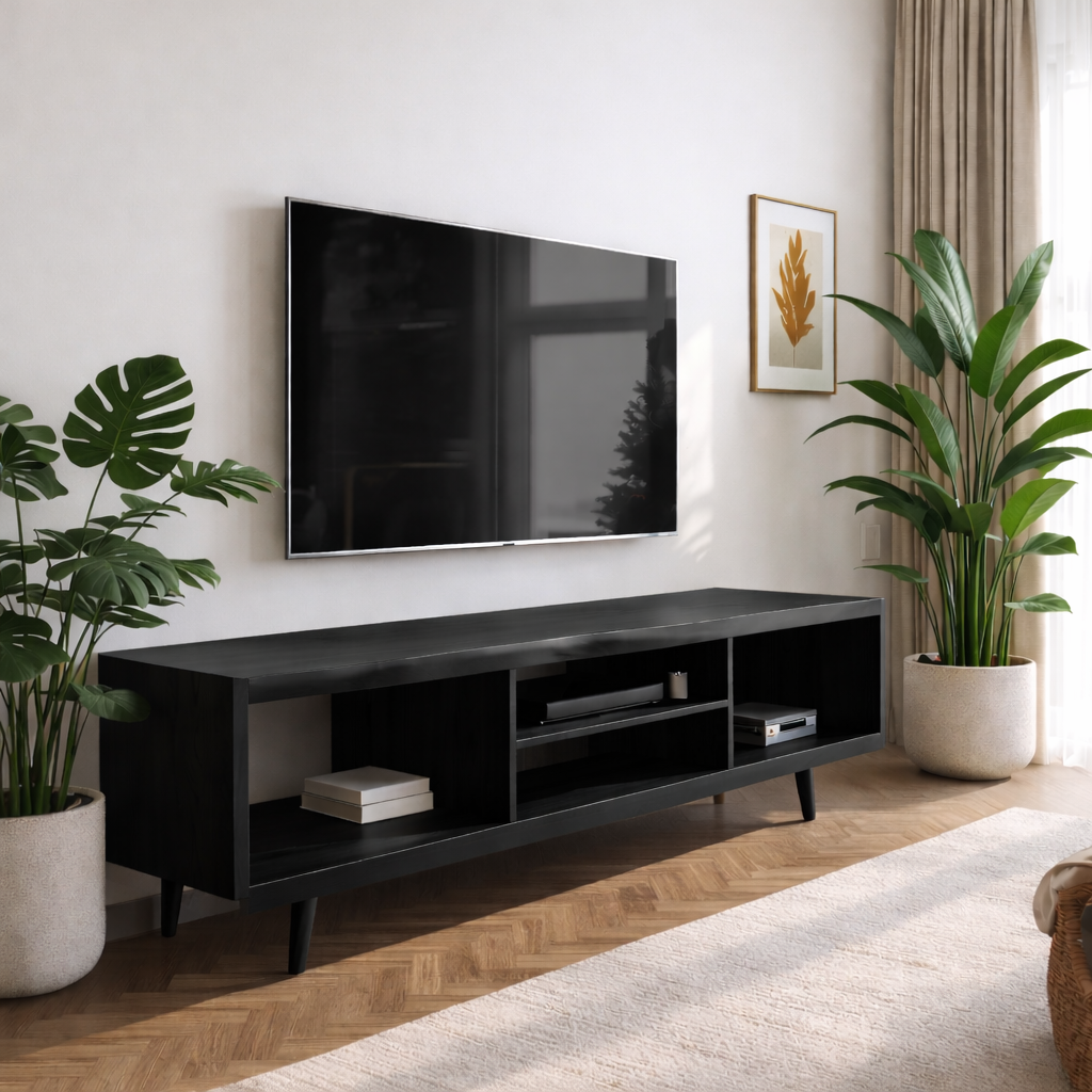 Walnut Mid Century Modern TV Stand Long Wood Media Console Minimalist Entertainment Center
