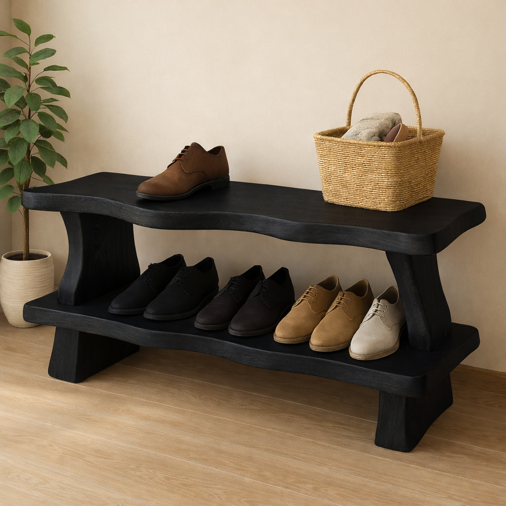 Rustic Wooden Shoe Storage Bench – Solid Wood Entryway Bench with Open Shelf