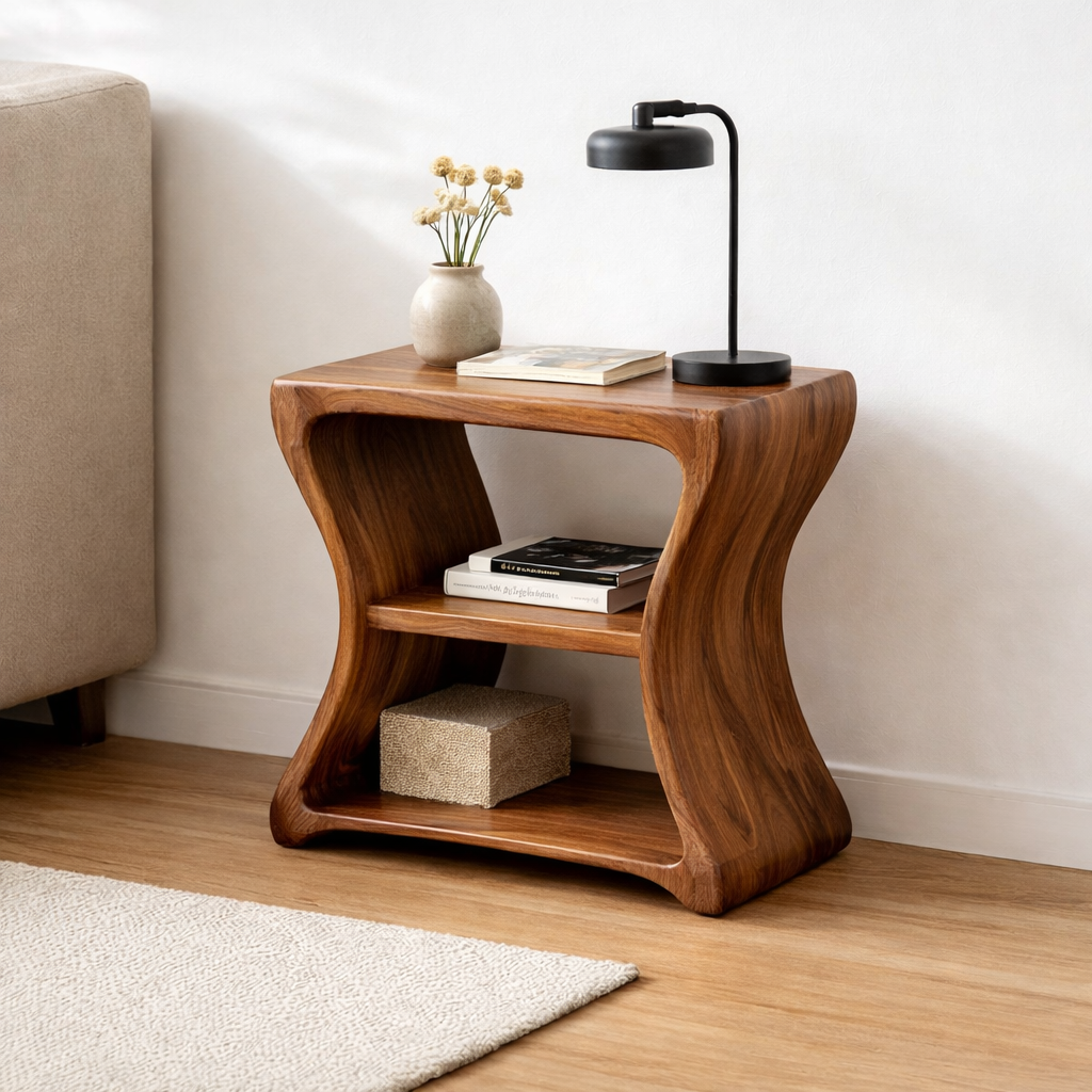 Solid Wood Curved End Table with Shelf – Natural Wooden Side Table for Living Room