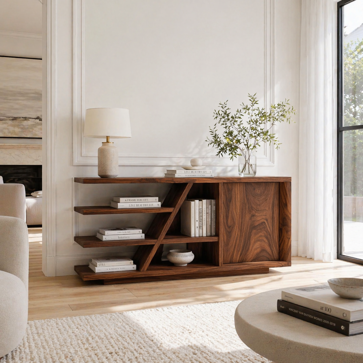 Solid Wood Console Sideboard with Open Shelves – Modern Walnut Storage Cabinet
