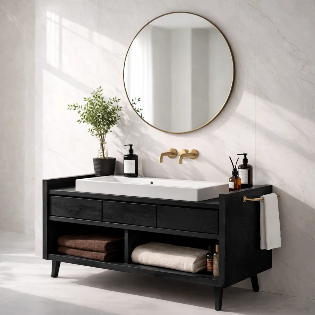 Solid Wood Bathroom Vanity Cabinet with Open Shelf β Rustic Modern, No Sink