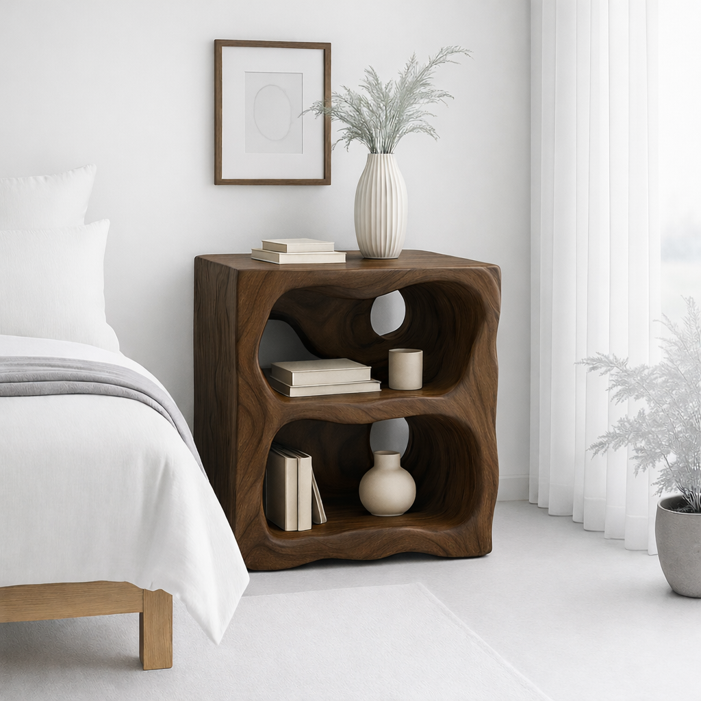 Modern Nightstand with Curved Shelves - Natural Oak Wood Design for Bedroom