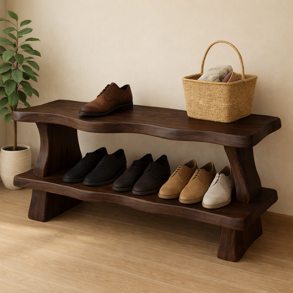 Rustic Wooden Shoe Storage Bench – Solid Wood Entryway Bench with Open Shelf