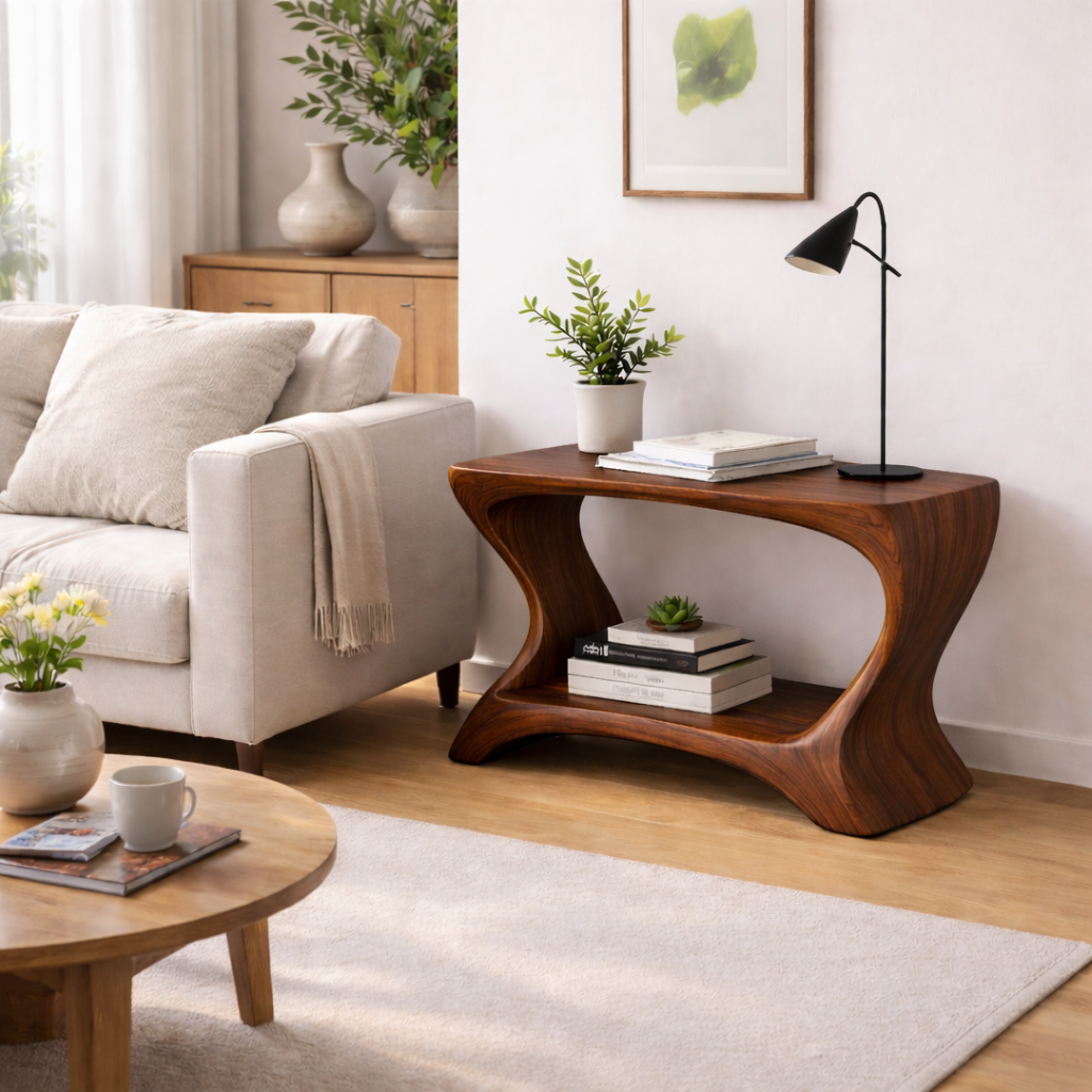 Modern Solid Wood End Table with Shelf – Curved Wooden Side Table for Living Room