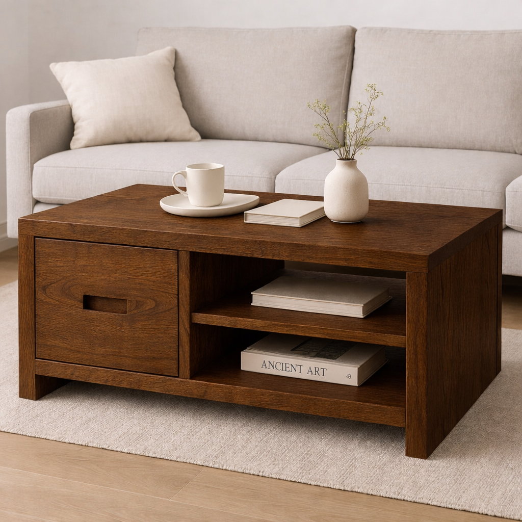 Solid Wood Coffee Table with Storage Drawer and Shelf – Modern Rustic Living Room Table