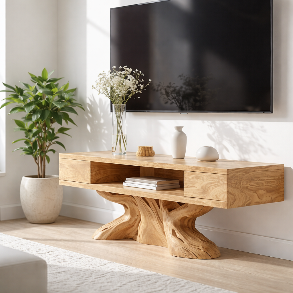 Rustic Solid Wood TV Stand Sculptural Base Media Console Modern Entertainment Center