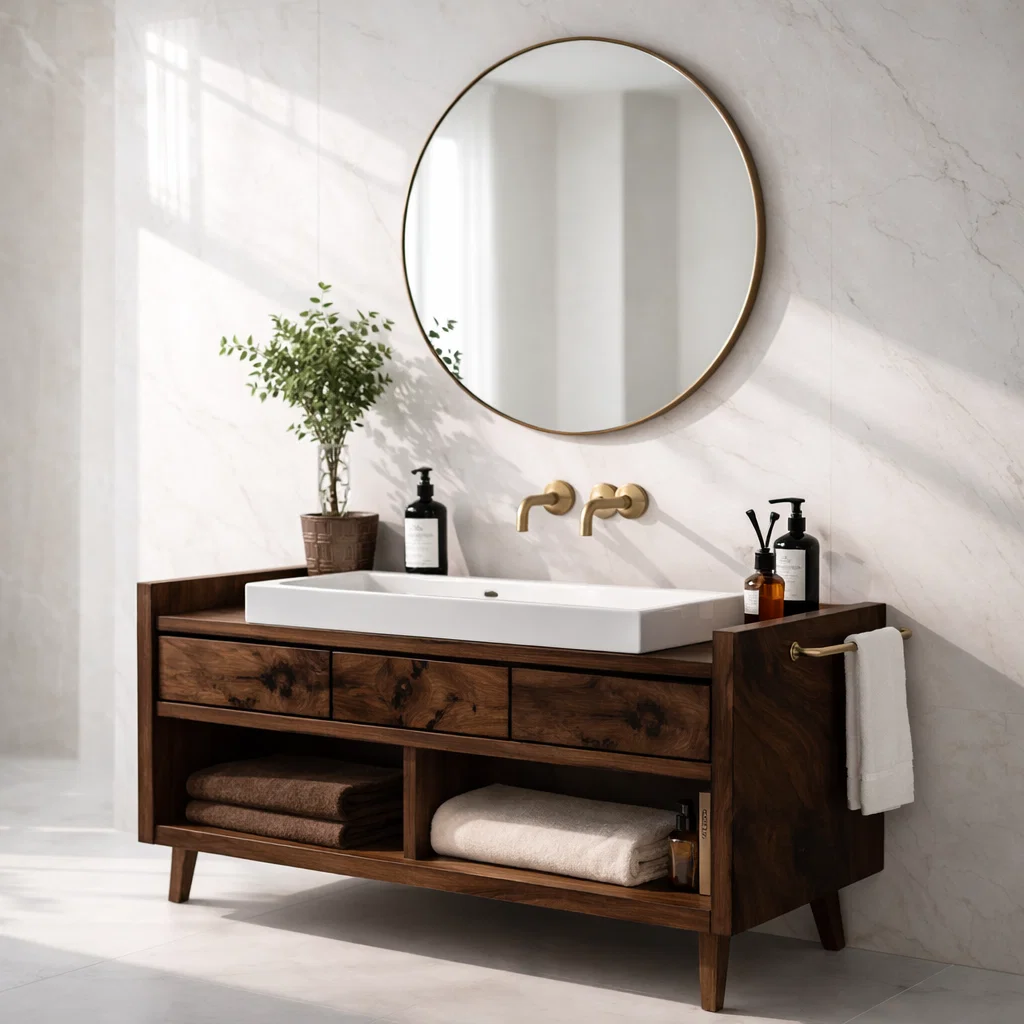 Solid Wood Bathroom Vanity Cabinet with Open Shelf β Rustic Modern, No Sink