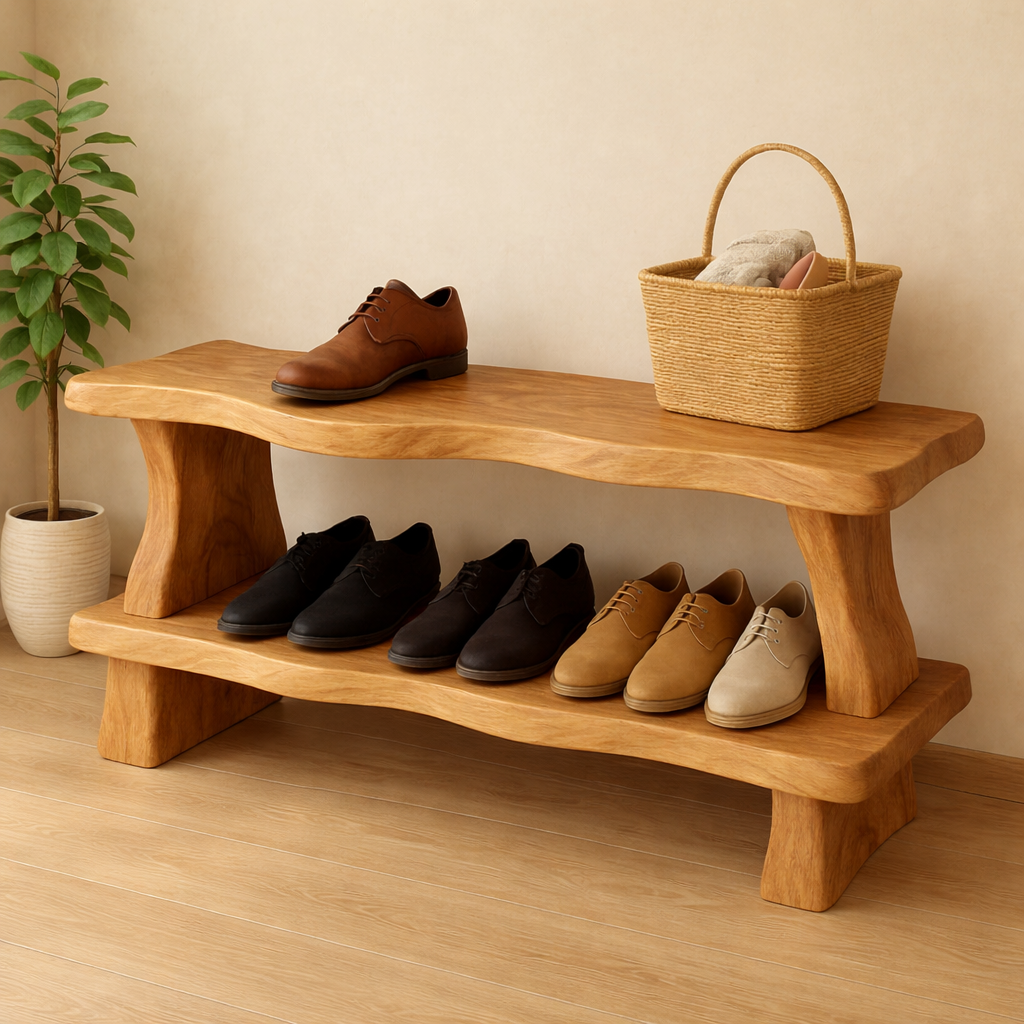 Rustic Wooden Shoe Storage Bench – Solid Wood Entryway Bench with Open Shelf