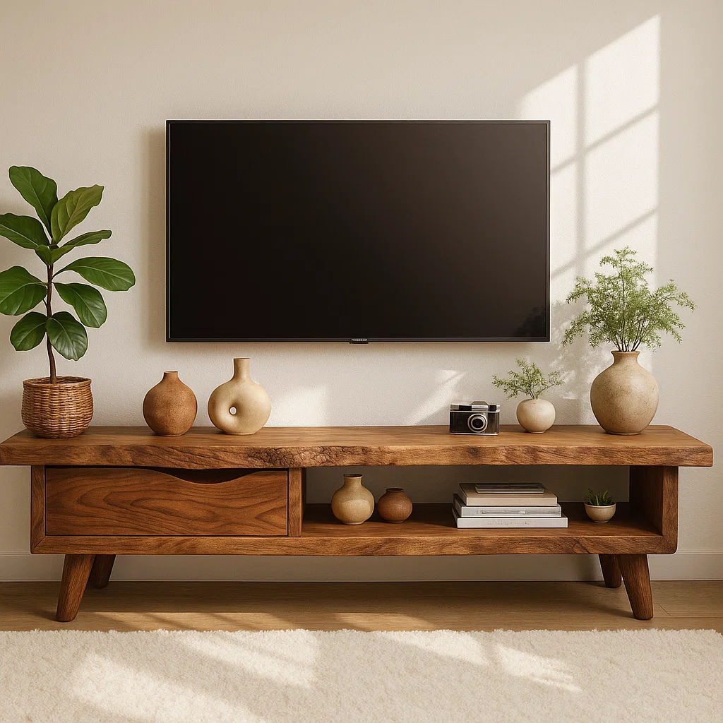 Handcrafted Solid Wood TV Stand with Drawer and Open Shelf, Mid Century Modern Media Console
