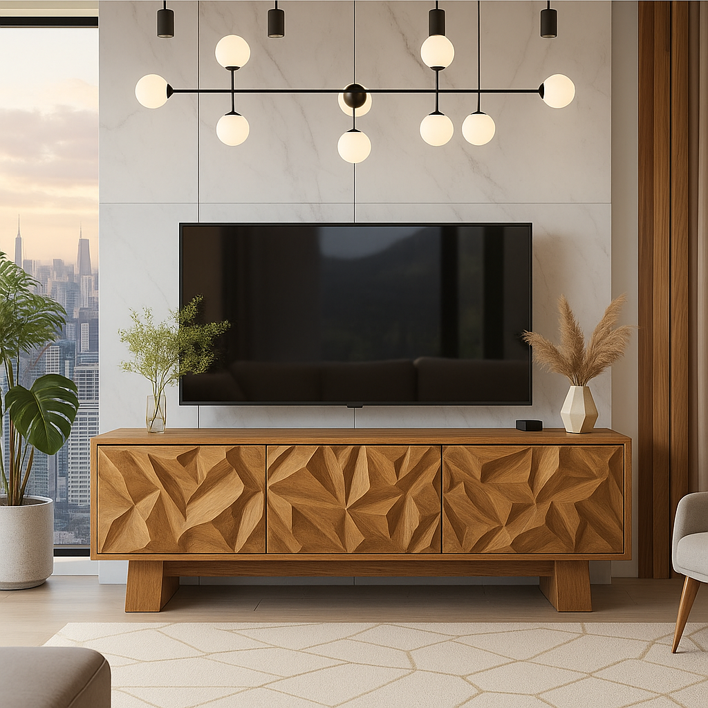 Solid Wood TV Stand Modern Walnut Media Console with Geometric Carved Storage Cabinet