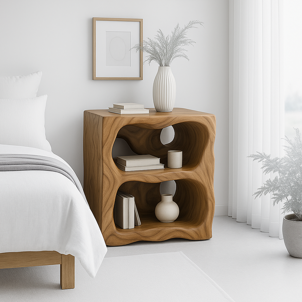 Modern Nightstand with Curved Shelves - Natural Oak Wood Design for Bedroom