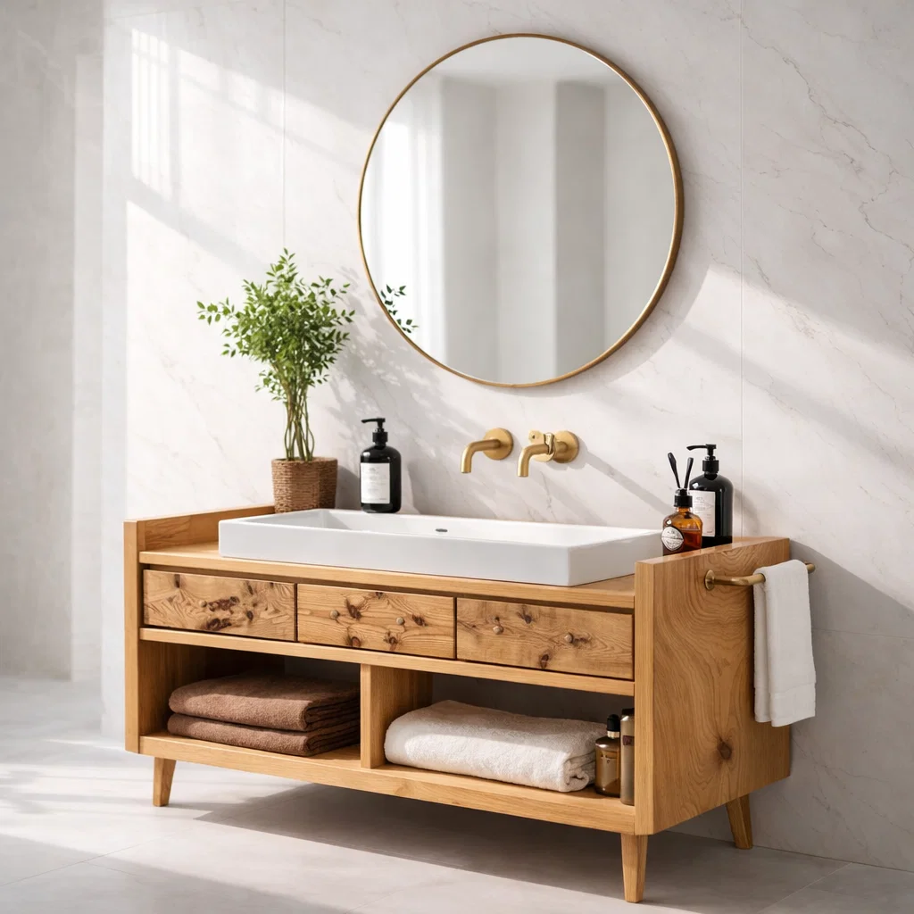 Solid Wood Bathroom Vanity Cabinet with Open Shelf β Rustic Modern, No Sink