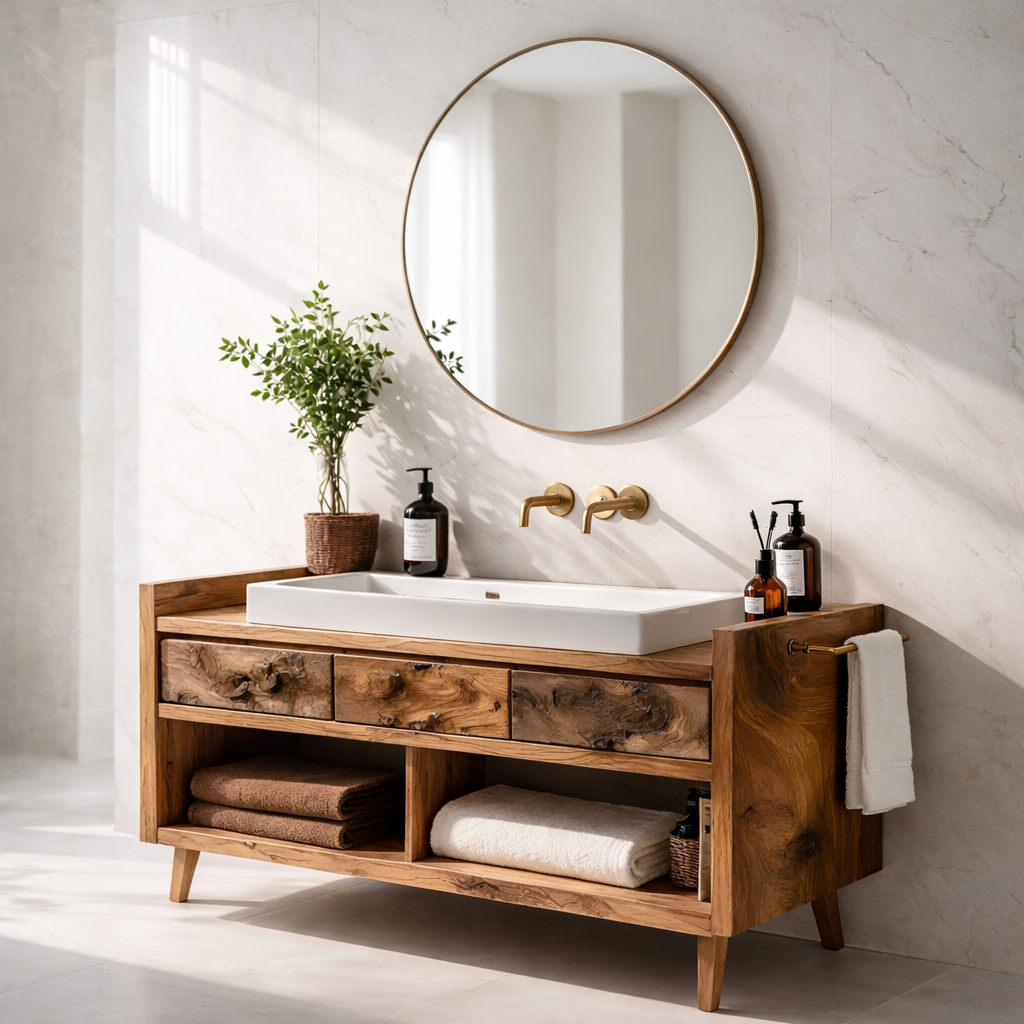 Solid Wood Bathroom Vanity Cabinet with Open Shelf β Rustic Modern, No Sink