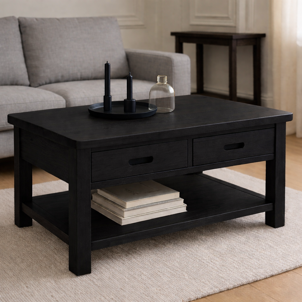 Solid Wood Coffee Table with 2 Drawers and Shelf – Modern Oak Living Room Coffee Table