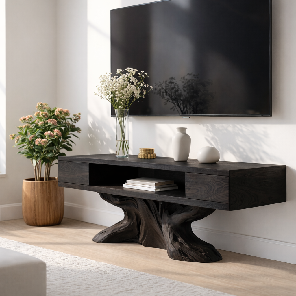 Rustic Solid Wood TV Stand Sculptural Base Media Console Modern Entertainment Center