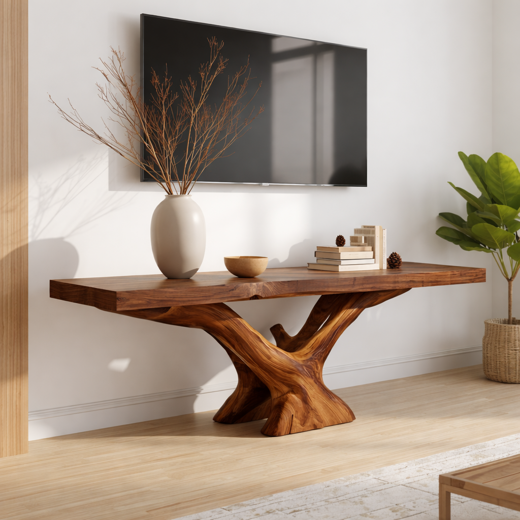 Rustic Solid Wood TV Stand Sculptural Base Media Console Modern Entertainment Table