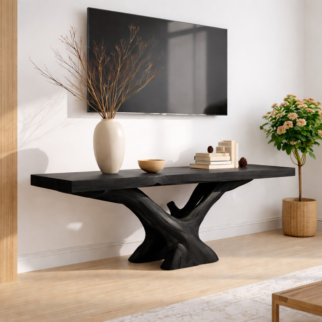 Rustic Solid Wood TV Stand Sculptural Base Media Console Modern Entertainment Table
