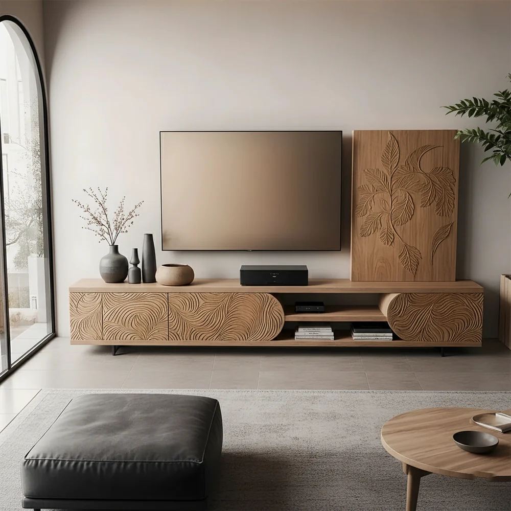 Solid Wood TV Stand Modern Media Console with Carved Front Storage Cabinet