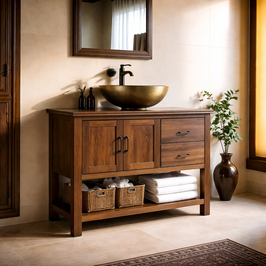 Solid Wood Bathroom Vanity with Drawers, Cabinet Doors & Open Shelf Storage