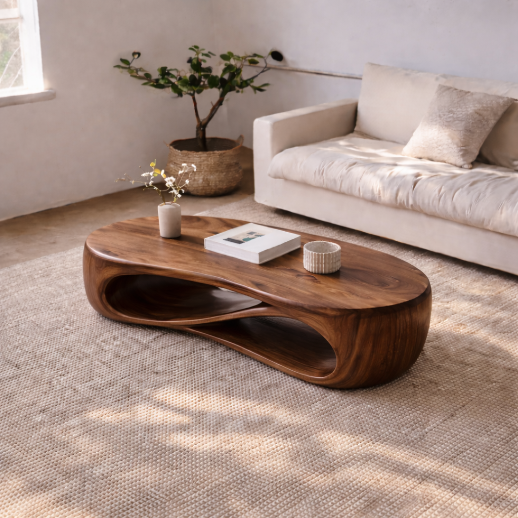 Solid Wood Sculptural Coffee Table with Curved Storage Shelf – Modern Living Room Table