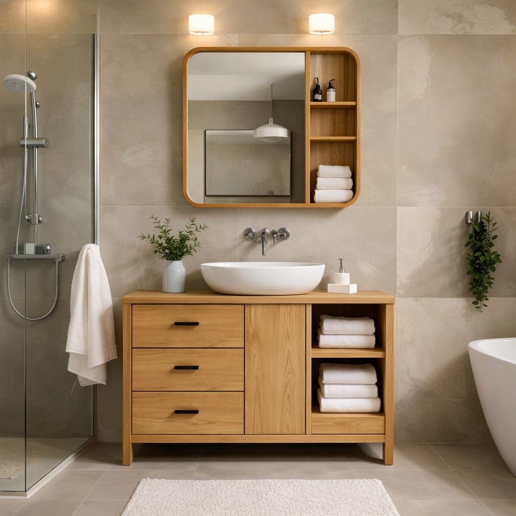 Solid Wood Bathroom Vanity Cabinet with Open Shelves & Drawers β Modern Design