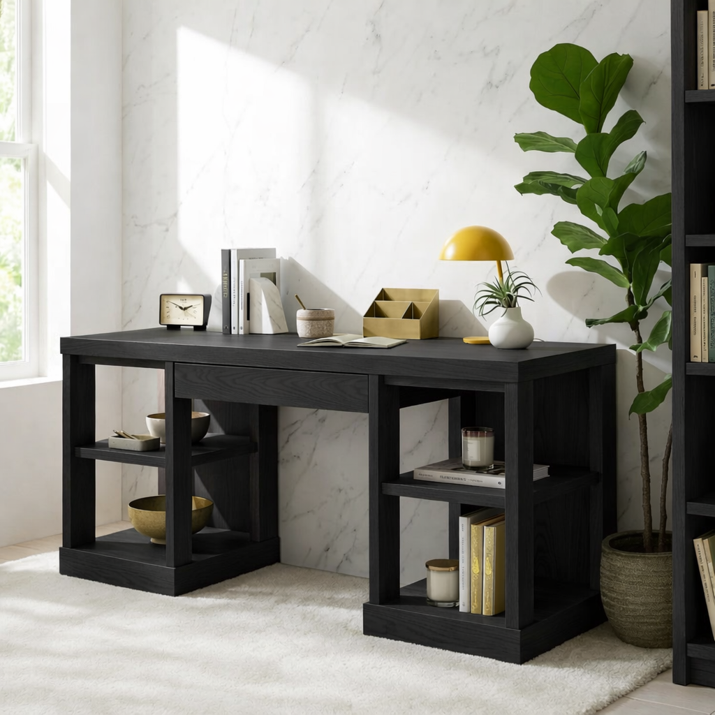 Modern Home Office Desk with Open Shelves Storage Writing Table Workspace Organizer