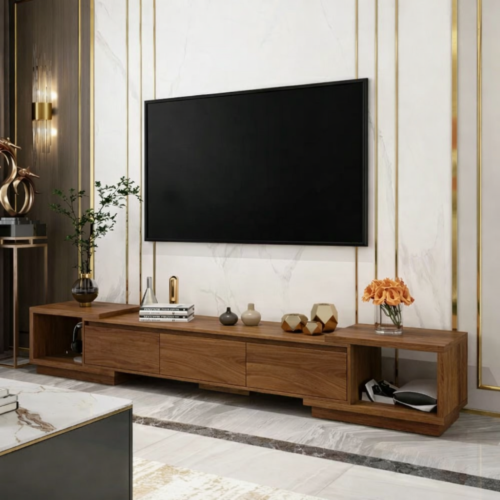 Handcrafted Solid Wood TV Stand with Storage Shelves Low Profile Media Console