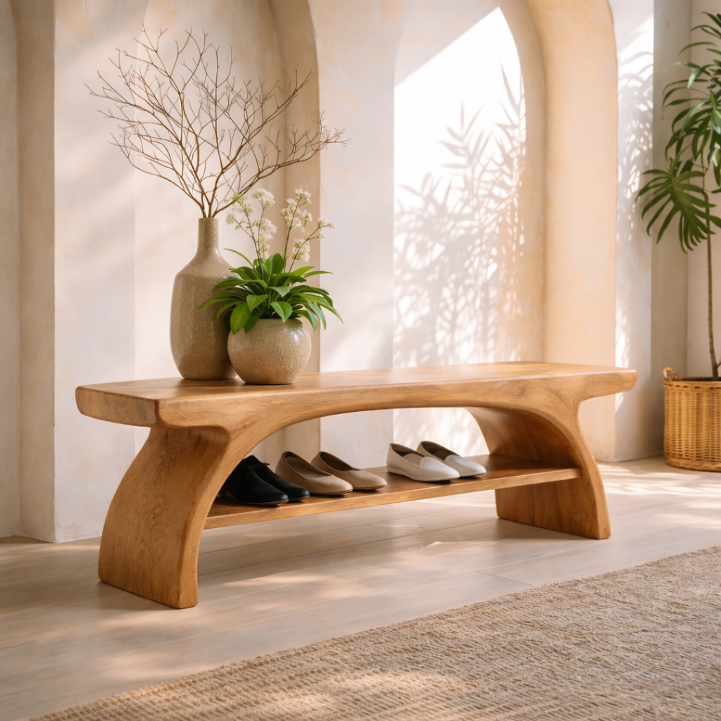 Sculptural Solid Wood Entryway Bench with Open Shoe Shelf