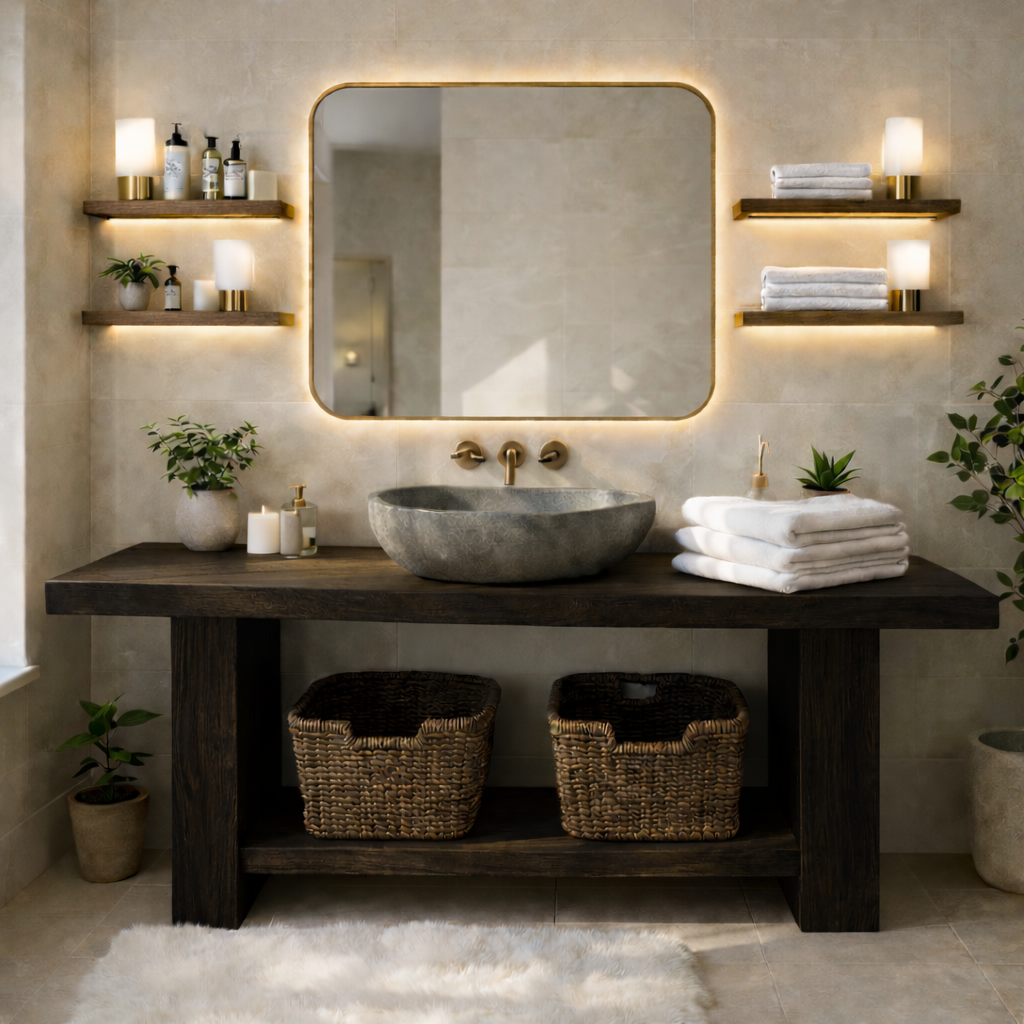 Rustic Solid Wood Bathroom Vanity Table With Open Shelf Farmhouse Bathroom Cabinet
